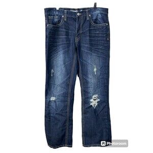 Machine Men Dark Blue Jean Sz 38x32 Distressed Straight Leg Relaxed Fit Denim T4